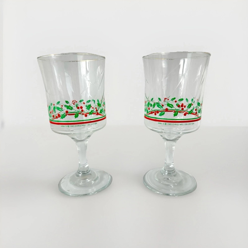 Vtg Libbey Arbys Christmas Holly Berry Wine Goblets Glasses Gold Rim Set Of 2